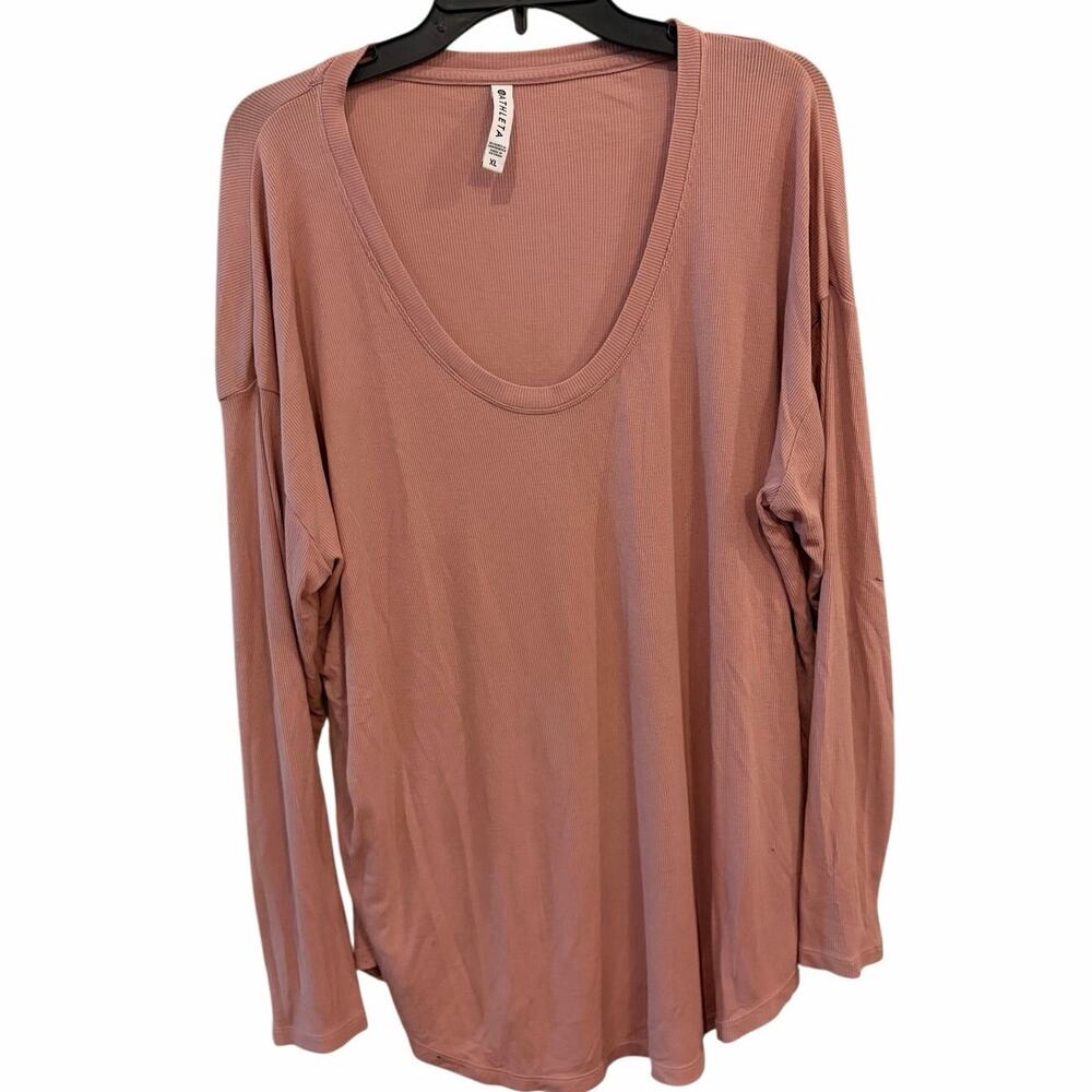Athleta Cloudlight Ribbed Stratus Mauve Pink Long Sleeve‎ T-Shirt XL Scoop Neck